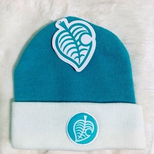 New teal and white animal crossing beanie